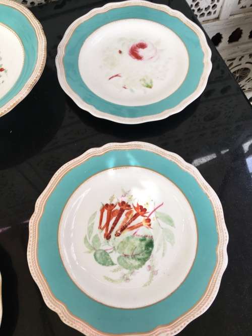 Ancient c1842-1880 Diamond Masonry Ceramic Marked Tazza Cake Stand & 4 Cake Plates Blue & Floral