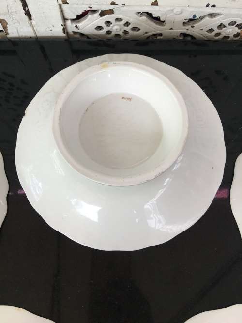 Ancient c1842-1880 Diamond Masonry Ceramic Marked Tazza Cake Stand & 4 Cake Plates Blue & Floral