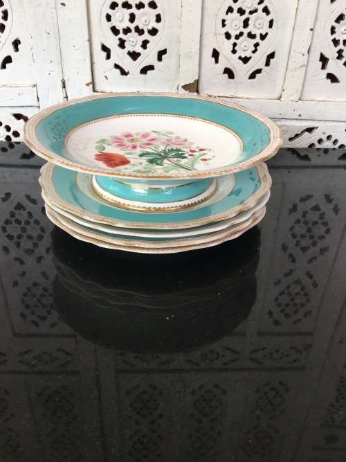 Ancient c1842-1880 Diamond Masonry Ceramic Marked Tazza Cake Stand & 4 Cake Plates Blue & Floral