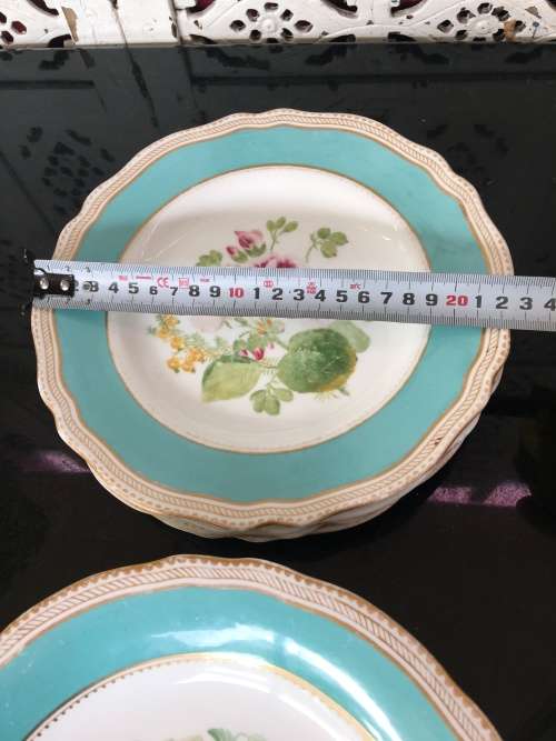 Ancient c1842-1880 Diamond Masonry Ceramic Marked Tazza Cake Stand & 4 Cake Plates Blue & Floral