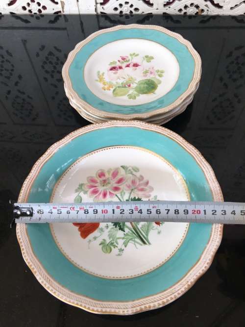 Ancient c1842-1880 Diamond Masonry Ceramic Marked Tazza Cake Stand & 4 Cake Plates Blue & Floral
