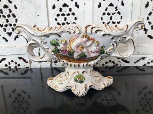 ANTIQUE CAPODIMONTE CENTER PIECE MADE IN ITALY RAISED RELIEF FIGURES & FLORAL