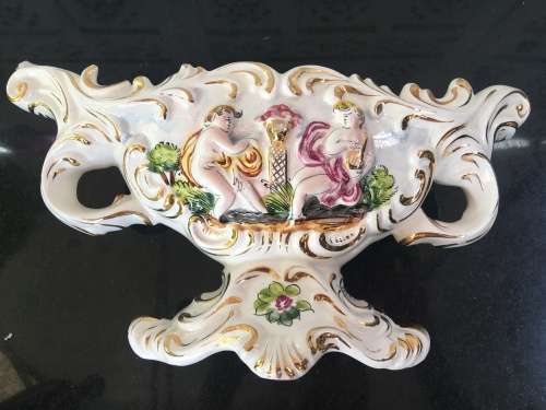 ANTIQUE CAPODIMONTE CENTER PIECE MADE IN ITALY RAISED RELIEF FIGURES & FLORAL