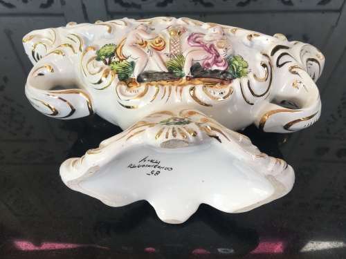 ANTIQUE CAPODIMONTE CENTER PIECE MADE IN ITALY RAISED RELIEF FIGURES & FLORAL