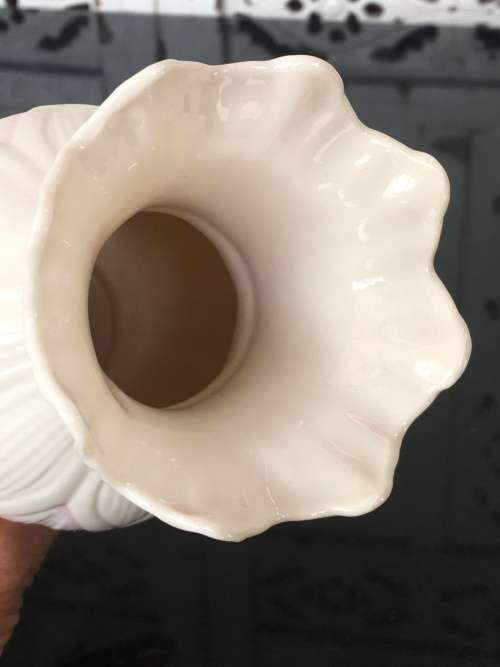 Belleek China Irish Symbols Ivory & Pink Vase. Mint Condition. 16 cm