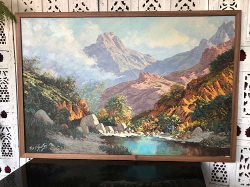 INVESTMENT ART !!! REG GRATTAN (SA 20th C) LARGE FRAMED OIL ON CANVAS LANDSCAPE PAINTING