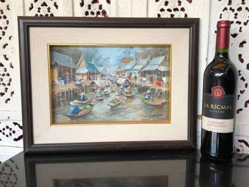 WHAT A STUNNER !!! ORIGINAL ORIENTAL OIL ON CANVAS PAINTING OF A FISHING VILLAGE BY NARONG