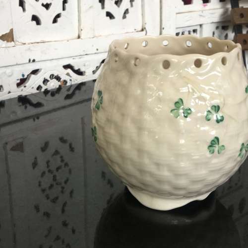 Belleek China Irish Symbols Ivory & Green Bulbous Pierced Rim Vase. Mint Condition. 12 cm
