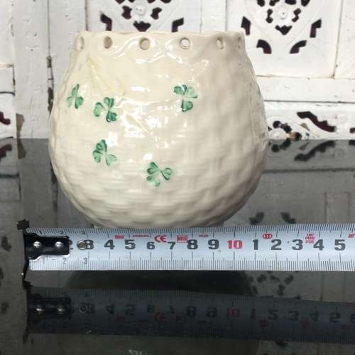 Belleek China Irish Symbols Ivory & Green Bulbous Pierced Rim Vase. Mint Condition. 12 cm