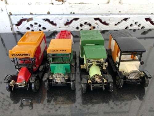 WOW !!! SET OF FOUR VINTAGE PLASTIC DINKY STYLE TOY CARS NUMBERED 501 , 502 , 503 AND 504