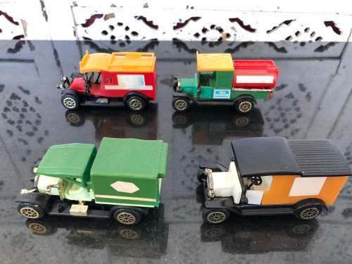 WOW !!! SET OF FOUR VINTAGE PLASTIC DINKY STYLE TOY CARS NUMBERED 501 , 502 , 503 AND 504
