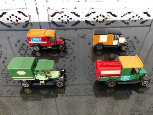 WOW !!! SET OF FOUR VINTAGE PLASTIC DINKY STYLE TOY CARS NUMBERED 501 , 502 , 503 AND 504