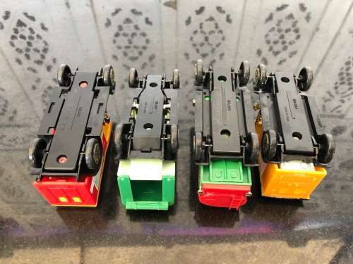 WOW !!! SET OF FOUR VINTAGE PLASTIC DINKY STYLE TOY CARS NUMBERED 501 , 502 , 503 AND 504