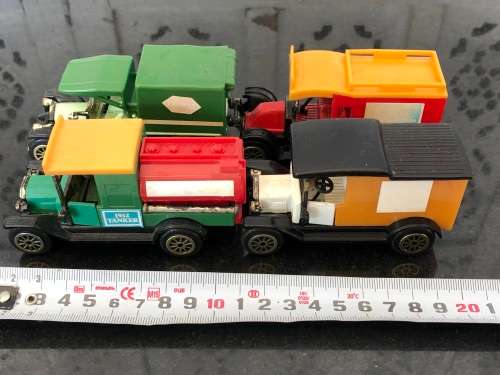 WOW !!! SET OF FOUR VINTAGE PLASTIC DINKY STYLE TOY CARS NUMBERED 501 , 502 , 503 AND 504