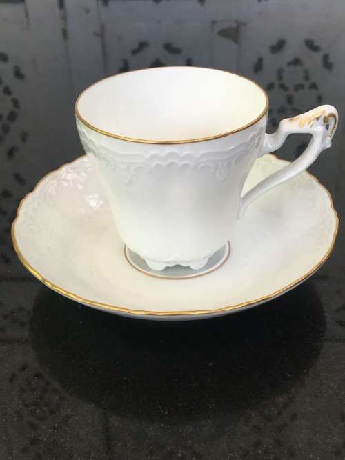Rare Antique Konigl.pr Tettau Bavaria Germany, Demitasse White & Gold Raised Relief Cup & Saucer