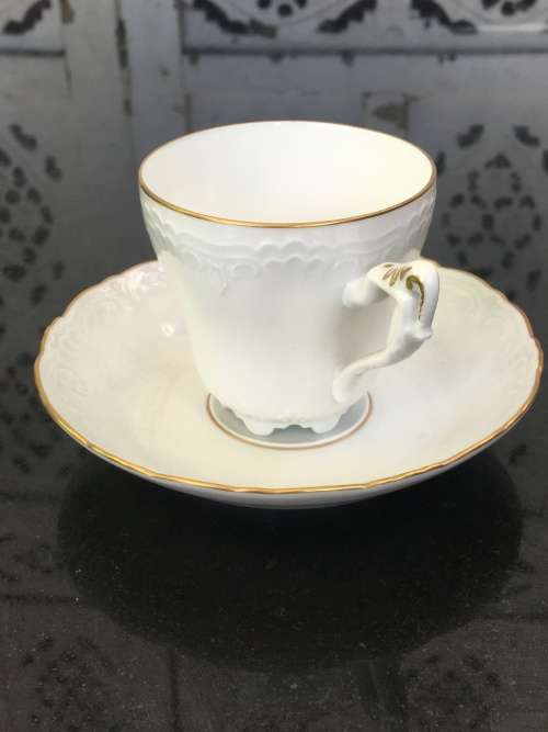 Rare Antique Konigl.pr Tettau Bavaria Germany, Demitasse White & Gold Raised Relief Cup & Saucer