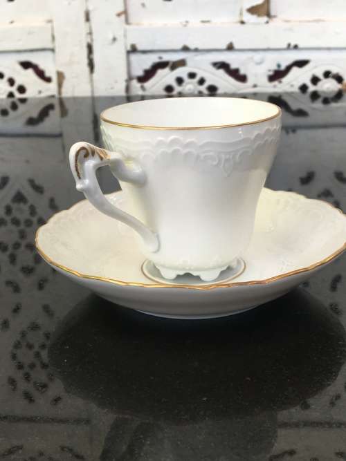 Rare Antique Konigl.pr Tettau Bavaria Germany, Demitasse White & Gold Raised Relief Cup & Saucer
