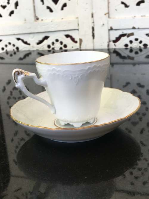 Rare Antique Konigl.pr Tettau Bavaria Germany, Demitasse White & Gold Raised Relief Cup & Saucer