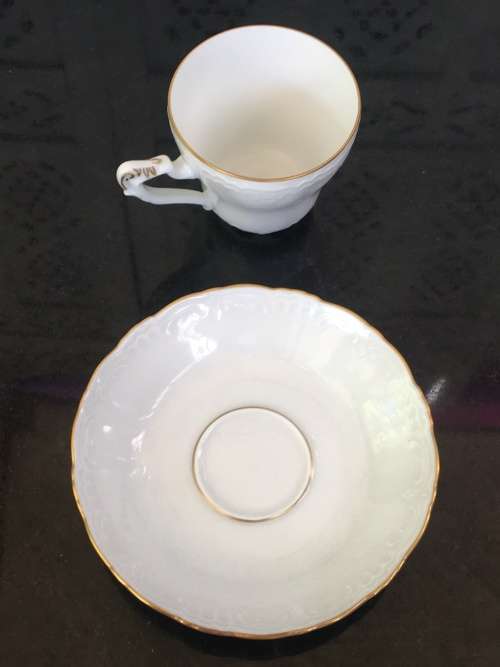 Rare Antique Konigl.pr Tettau Bavaria Germany, Demitasse White & Gold Raised Relief Cup & Saucer