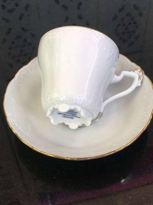 Rare Antique Konigl.pr Tettau Bavaria Germany, Demitasse White & Gold Raised Relief Cup & Saucer