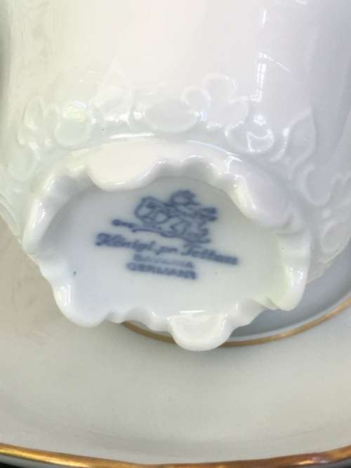 Rare Antique Konigl.pr Tettau Bavaria Germany, Demitasse White & Gold Raised Relief Cup & Saucer