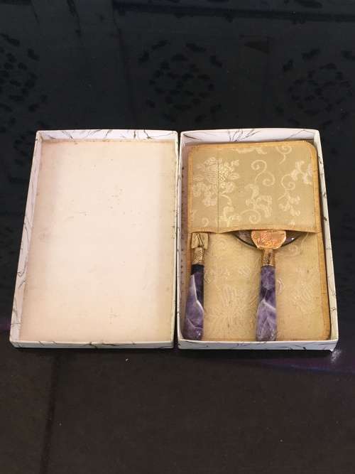 MADE IN HONG KONG MARKED MAGNIFYING GLASS & LETTER OPENER WITH PURPLE GEM STONE HANDLE