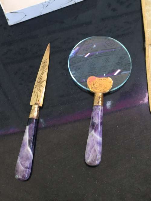 MADE IN HONG KONG MARKED MAGNIFYING GLASS & LETTER OPENER WITH PURPLE GEM STONE HANDLE