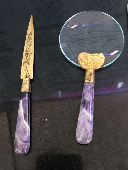 MADE IN HONG KONG MARKED MAGNIFYING GLASS & LETTER OPENER WITH PURPLE GEM STONE HANDLE