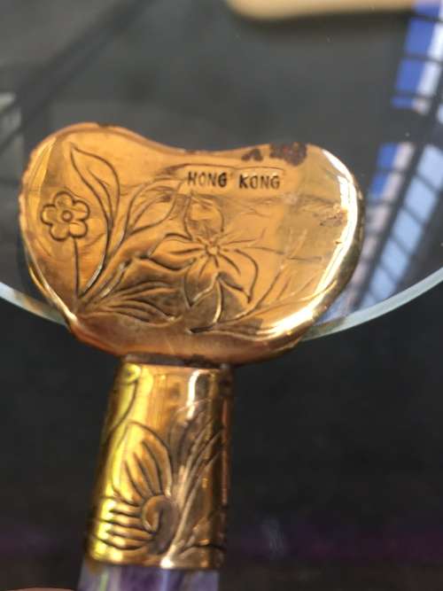 MADE IN HONG KONG MARKED MAGNIFYING GLASS & LETTER OPENER WITH PURPLE GEM STONE HANDLE