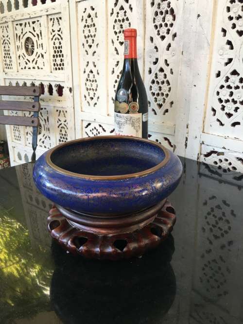 Collectors Antique Ming marked Chinese Bronze Cloisonne Censor on Carved wood Stand