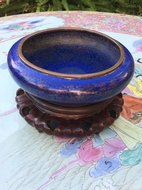 Collectors Antique Ming marked Chinese Bronze Cloisonne Censor on Carved wood Stand