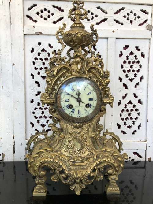 C-1880 ANTIQUE FRENCH ROCOCO BOUDIOR CLOCK BY A.D.MOUGIN - FIRED BRONZE - WORKING 100% WITH THE KEY