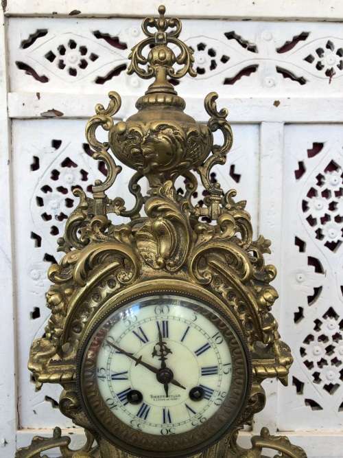 C-1880 ANTIQUE FRENCH ROCOCO BOUDIOR CLOCK BY A.D.MOUGIN - FIRED BRONZE - WORKING 100% WITH THE KEY