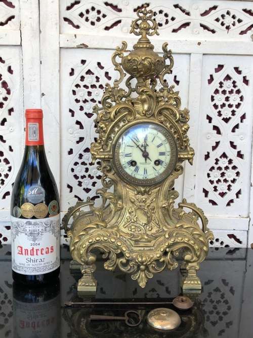 C-1880 ANTIQUE FRENCH ROCOCO BOUDIOR CLOCK BY A.D.MOUGIN - FIRED BRONZE - WORKING 100% WITH THE KEY