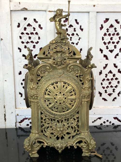 C-1855 JAPY FRERE LARGE FOUR SIDED ROCOCO BRONZE GILDED CHIMING MANTLE CLOCK - WORKING 100%