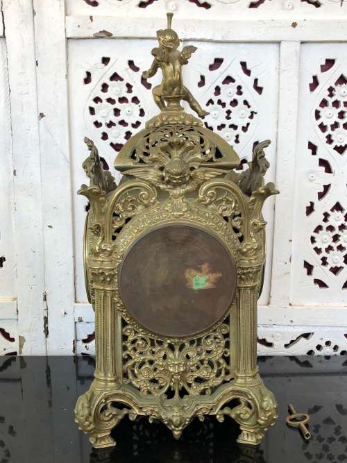 C-1855 JAPY FRERE LARGE FOUR SIDED ROCOCO BRONZE GILDED CHIMING MANTLE CLOCK - WORKING 100%