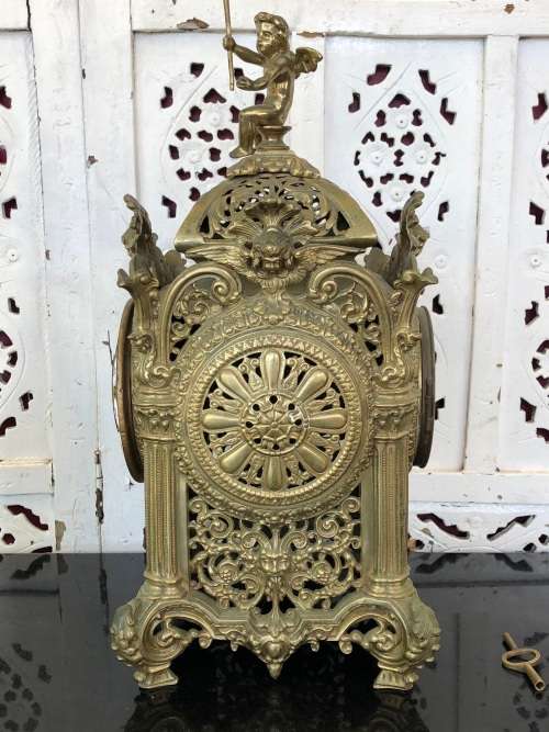 C-1855 JAPY FRERE LARGE FOUR SIDED ROCOCO BRONZE GILDED CHIMING MANTLE CLOCK - WORKING 100%