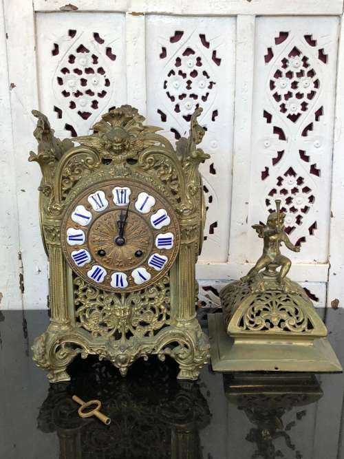 C-1855 JAPY FRERE LARGE FOUR SIDED ROCOCO BRONZE GILDED CHIMING MANTLE CLOCK - WORKING 100%