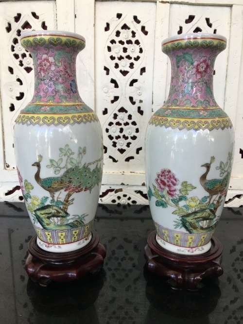 Chinese Jingdeshen Fushou Brand "Famille Rose", Twin Vases- c1980-1990 Hand enameled Peacock Deco