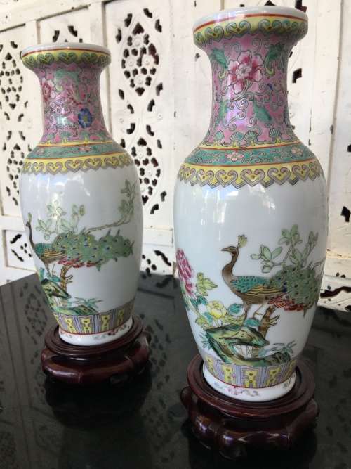 Chinese Jingdeshen Fushou Brand "Famille Rose", Twin Vases- c1980-1990 Hand enameled Peacock Deco