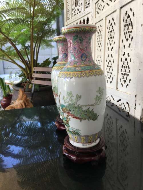 Chinese Jingdeshen Fushou Brand "Famille Rose", Twin Vases- c1980-1990 Hand enameled Peacock Deco