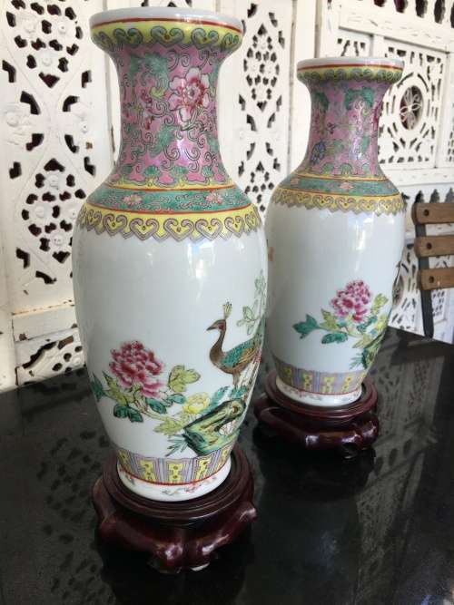 Chinese Jingdeshen Fushou Brand "Famille Rose", Twin Vases- c1980-1990 Hand enameled Peacock Deco