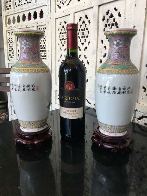 Chinese Jingdeshen Fushou Brand "Famille Rose", Twin Vases- c1980-1990 Hand enameled Peacock Deco