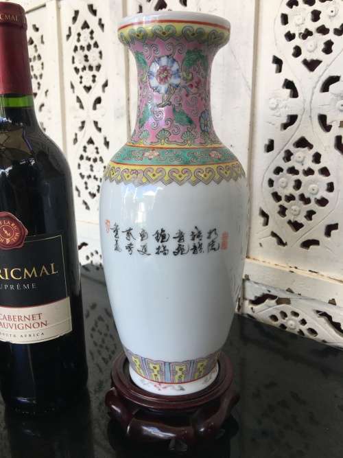 Chinese Jingdeshen Fushou Brand "Famille Rose", Twin Vases- c1980-1990 Hand enameled Peacock Deco