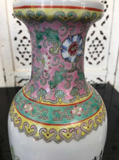 Chinese Jingdeshen Fushou Brand "Famille Rose", Twin Vases- c1980-1990 Hand enameled Peacock Deco
