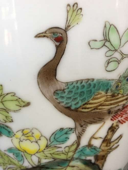 Chinese Jingdeshen Fushou Brand "Famille Rose", Twin Vases- c1980-1990 Hand enameled Peacock Deco