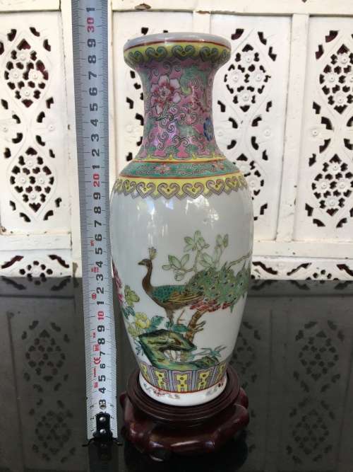 Chinese Jingdeshen Fushou Brand "Famille Rose", Twin Vases- c1980-1990 Hand enameled Peacock Deco