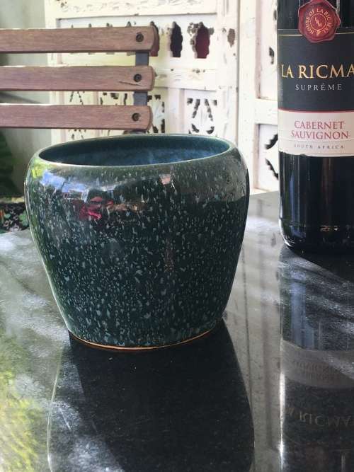 Antique Amber Glass Frog in Speckled Green & Blue Vase. Made in England Patent no 7830/1910