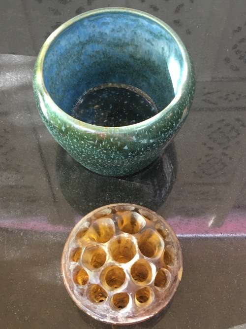 Antique Amber Glass Frog in Speckled Green & Blue Vase. Made in England Patent no 7830/1910