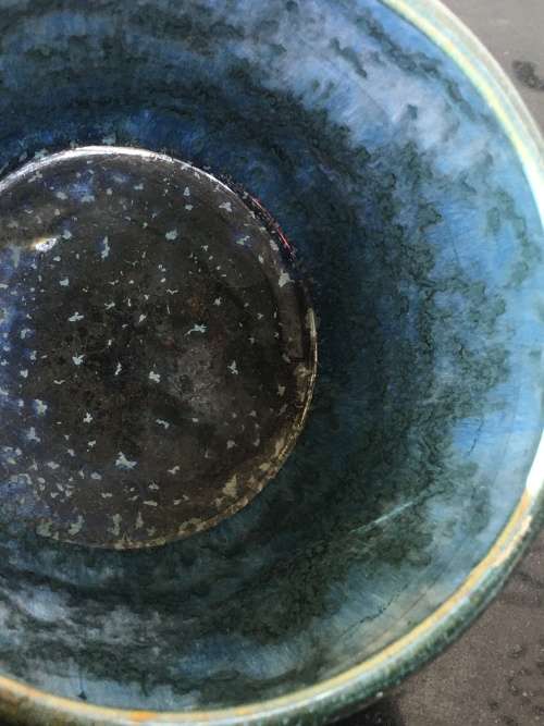 Antique Amber Glass Frog in Speckled Green & Blue Vase. Made in England Patent no 7830/1910